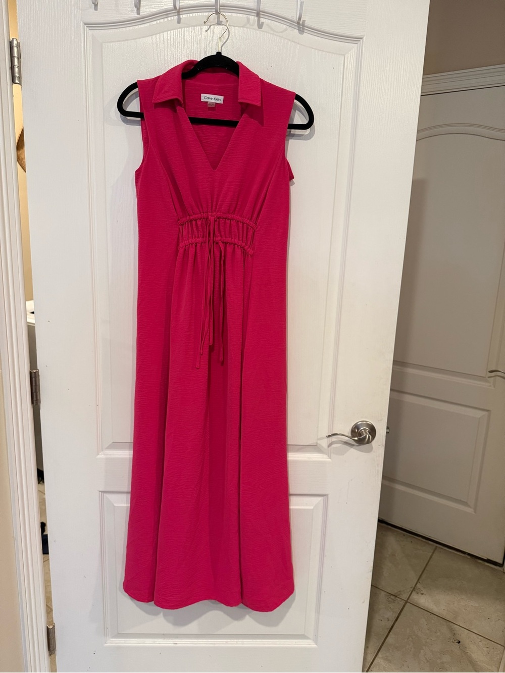 Calvin Klein pink sleeveless collared cinch waist midi dress pockets v-neck sz 4